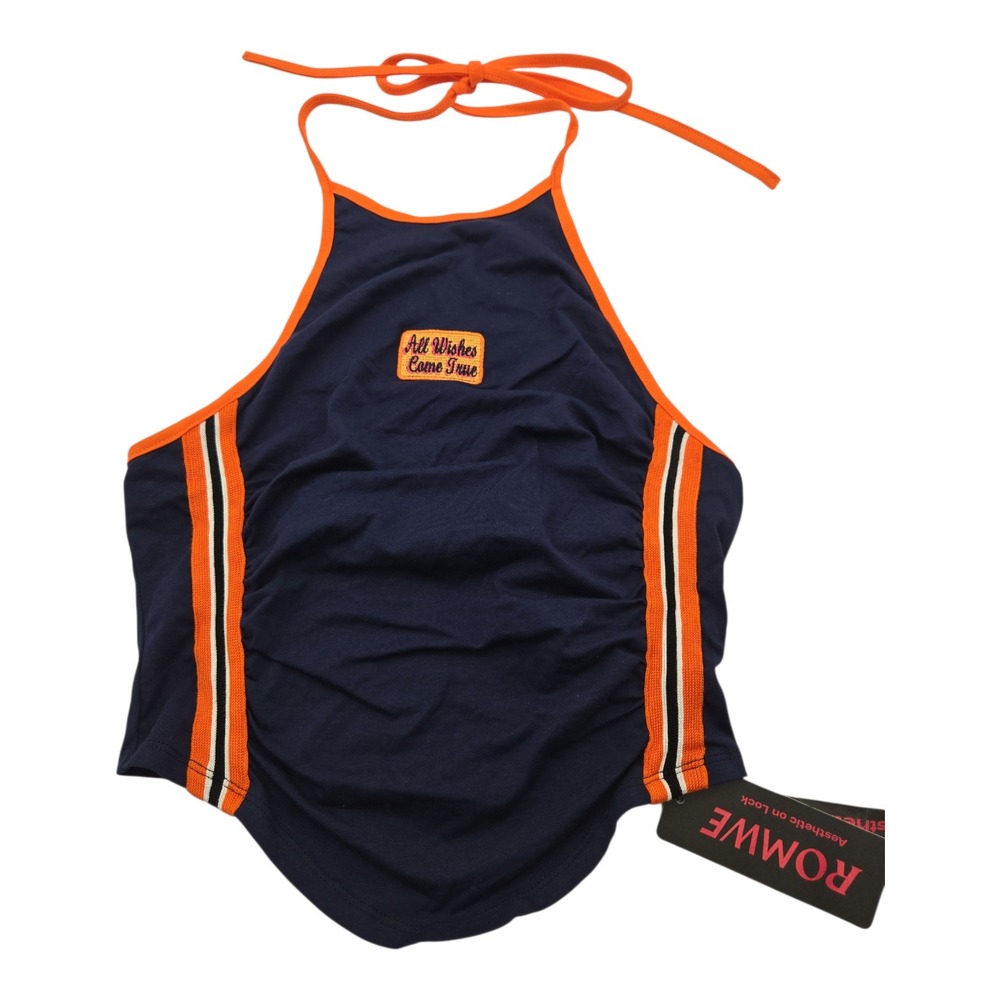Romwe Navy Halter Crop Top All Wishes Come‎ True Patch Orange Trim Size L Fun